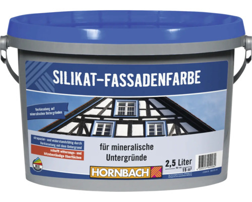 Eimer Silikat Fassadenfarbe von Hornbach für mineralische Untergründe, 2,5 Liter Gebinde für etwa 15 Quadratmeter.