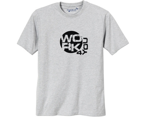 Graues Arbeits T Shirt von Scheibler mit rundem Ausschnitt und Work For You Aufdruck auf der Vorderseite