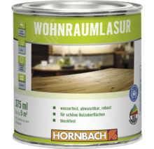 Dose Wohnraumlasur 375 Milliliter für Holzoberflächen, wasserfest, abwaschbar und blockfest, Hornbach Logo.