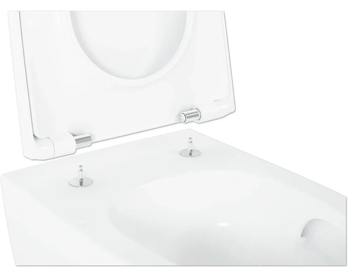 Wand-WC mit WC Sitz und Deckel, aus Keramik und Kunststoff, mit Metallscharnieren.
