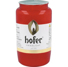 Hofer Friedlicht Grabkerze in roter Kunststoffhülle mit Metalldeckel und Logoaufdruck
