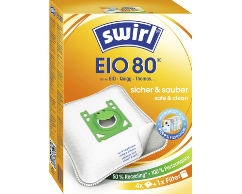 Swirl Staubsaugerbeutel EIO 80 für EIO Quigg Thomas Staubsauger mit Mikropor Plus Filtration inklusive vier Beutel und einem Filter