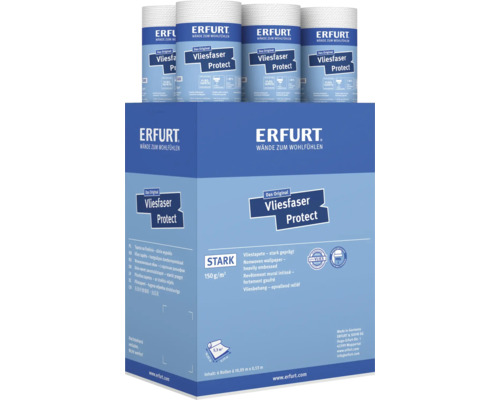 Erfurt Vliesfaser Protect Vliestapete Stark auf Palette mit Produktinformationen zu Materialbeschaffenheit und Rollemaßen.