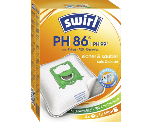 Swirl Staubsaugerbeutel PH 86 für Philips, AEG und Electrolux Staubsauger mit 4 Beuteln und 1 Filter inklusive Micropor Plus Filtration.