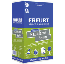 Erfurt Rauhfaser Sprint Tapete, 6 Rollen je 20 Meter mal 0,53 Meter, einfache Wandverarbeitung inklusive Anleitungssymbolen.
