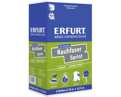 Erfurt Rauhfaser Sprint Tapete, 6 Rollen je 20 Meter mal 0,53 Meter, einfache Wandverarbeitung inklusive Anleitungssymbolen.