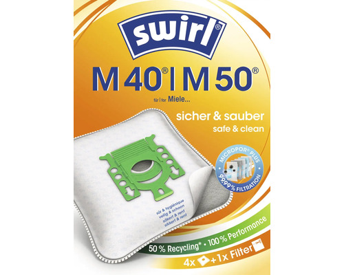 Swirl Staubsaugerbeutel M 40 M 50 für Miele Staubsauger, Packung mit 4 Staubsaugerbeuteln und 1 Filter mit Micropor Plus Filtration.