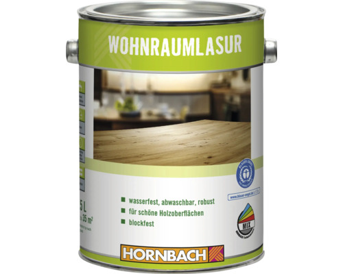 HORNBACH Wohnraumlasur Holzlack für schöne Holzoberflächen in einem fünf Liter Gebinde.