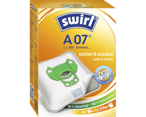 Swirl Staubsaugerbeutel A 07 für AEG und Electrolux Staubsauger, Packung mit 4 Beuteln und 1 Filter mit Micropor Plus Filtration.