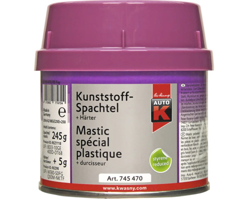 Auto K Kunststoff Spachtel mit Härter, 245 Gramm Spachtelmasse plus 5 Gramm Härter zum Ausbessern von Kunststoffteilen. Auto K Kunststoff Spachtel mit Härter, 245 Gramm Spachtelmasse plus 5 Gramm Härter zum Ausbessern von Kunststoffteilen.