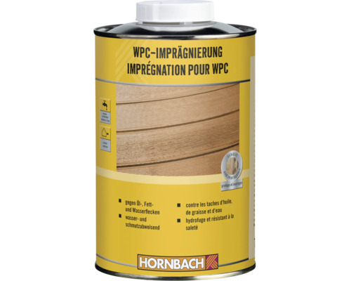 WPC Imprägnierung für den Außenbereich von Hornbach zum Schutz gegen Öl, Fett und Wasserflecken sowie als wasserabweisender Schmutzschutz.