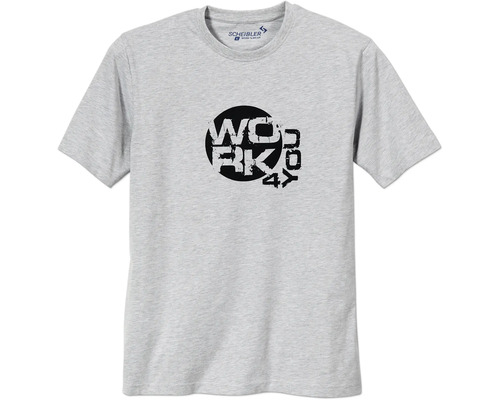 Graues T-Shirt für Herren mit Arbeitskleidung Druck auf der Vorderseite und Scheibler Logo im Nacken.