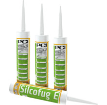 Drei stehende und eine liegende Kartusche PCI Silcofug E Elastischer Dichtstoff für innen und außen.