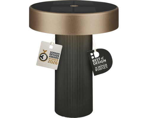 Moderne Außenleuchte mit Solarpanel und geripptem Sockel inklusive Auszeichnungen German Design Award Winner 2026 und Best of Design