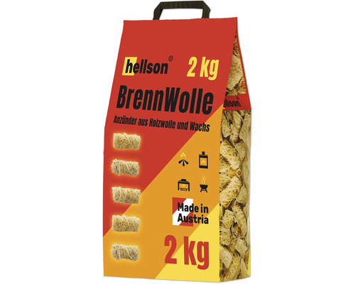 Hellson Brennwolle Anzünder aus Holzwolle und Wachs, 2 kg Packung mit Tragegriff für Kamin, Ofen und Grill.