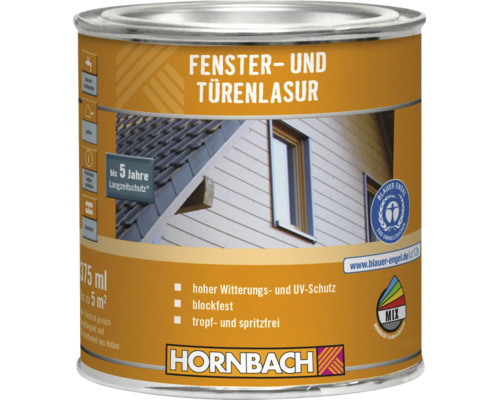 Dose Hornbach Fenster- und Türenlasur mit 375 Milliliter Inhalt für witterungsbeständigen Schutz von Holzoberflächen im Außenbereich
