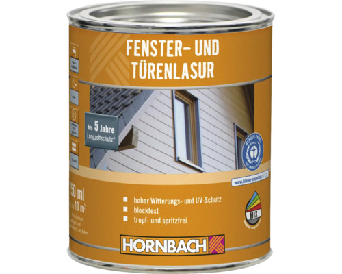 Dose Hornbach Fenster- und Türenlasur für Holz mit 5 Jahre Langzeitschutz und Blauer Engel Umweltsiegel.
