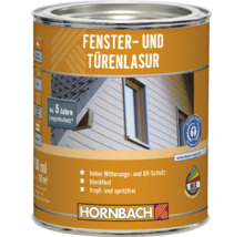 Dose Hornbach Fenster- und Türenlasur für Wetterschutz und UV-Schutz mit fünf Jahren Langzeitschutz und Blauer Engel Umweltsiegel.