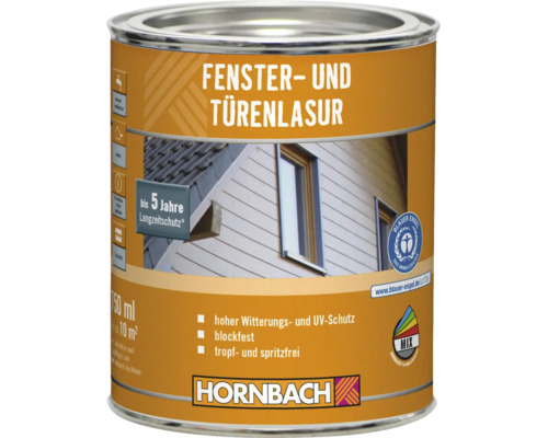Dose Hornbach Fenster- und Türenlasur für Wetterschutz und UV-Schutz mit fünf Jahren Langzeitschutz und Blauer Engel Umweltsiegel.