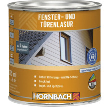 Dose Hornbach Fenster- und Türenlasur für den Außenbereich mit Blauer Engel Zertifizierung und fünf Jahren Langzeitschutz.