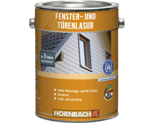 Eine Dose Hornbach Fenster- und Türenlasur mit 5 Jahren Langzeitschutz und Umweltsiegel Blauer Engel.