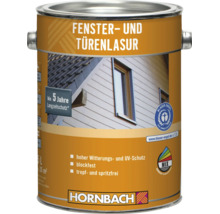 Eine Dose Fenster- und Türenlasur für den Außenbereich mit Blauer Engel Zertifizierung und fünf Jahren Langzeitschutz von Hornbach.