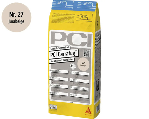 PCI Carrafug Spezial Fugenmörtel für Natursteinplatten in der Farbe Jurabeige, 5 Kilogramm Beutel