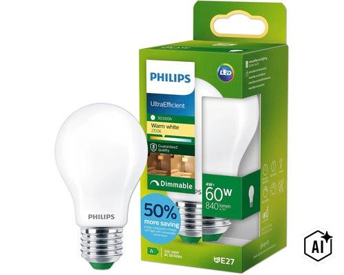 Philips LED Lampe E27, 4 Watt ersetzt 60 Watt, warmweiß, dimmbar, lange Lebensdauer von 50000 Stunden, Energieeffizienzklasse A. (Image AI modified or generated)
