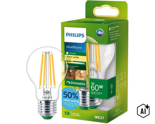 Philips UltraEfficient LED Filament Lampe E27, 4 Watt, warmweiß 2700 Kelvin, 840 Lumen, dimmbar, Lebensdauer 50.000 Stunden (Image AI modified or generated)