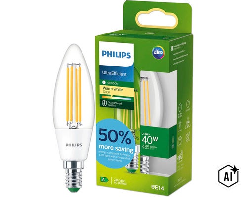 Philips LED Kerzenlampe E14 2,3 Watt, 485 Lumen, warmweiß 2700 Kelvin, UltraEfficient Filament Leuchtmittel (Image AI modified or generated)