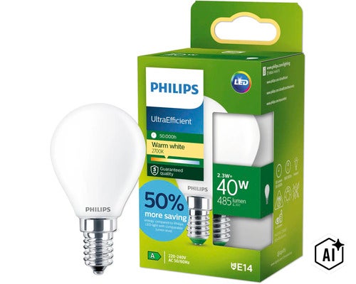 Philips LED Lampe E14 Tropfenform, 2,3 Watt, warmweiß 2700 Kelvin, 485 Lumen, ersetzt 40 Watt. (Image AI modified or generated)