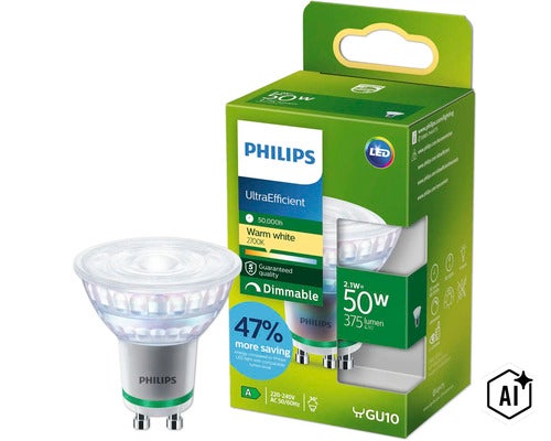 Philips UltraEfficient LED Strahler GU10 2,1 Watt, warmweißes Licht 2700 Kelvin, dimmbar, mit Verpackung (Image AI modified or generated)