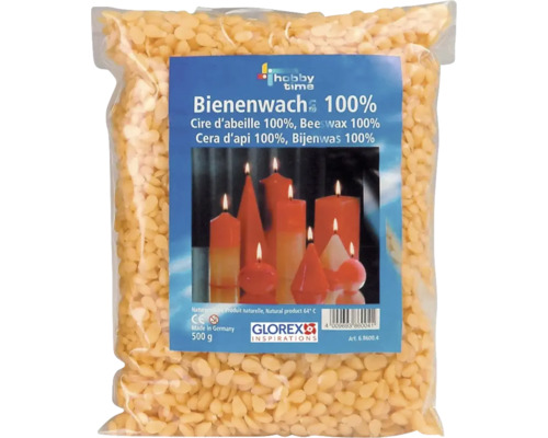 Eine Packung mit 500 Gramm Bienenwachs Pastillen von Hobby Time zur Herstellung von Kerzen.
