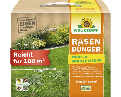 Neudorff Rasendünger Moos und Unkrautstopp 5 Kilogramm Karton für 100 Quadratmeter