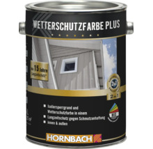 Eine Dose Hornbach Wetterschutzfarbe Plus für innen und außen mit 15 Jahren Langzeitschutz und Isoliersperrgrund.