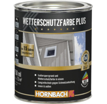 Dose Hornbach Wetterschutzfarbe Plus mit 750 Milliliter Inhalt für innen und außen mit 15 Jahren Langzeitschutz und Isoliersperrgrund.