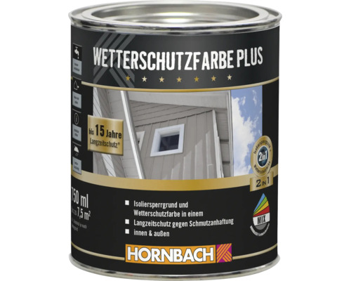 Dose Hornbach Wetterschutzfarbe Plus mit 750 Milliliter Inhalt für innen und außen mit 15 Jahren Langzeitschutz und Isoliersperrgrund.