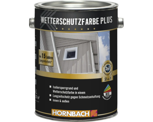 Eine Dose Hornbach Wetterschutzfarbe Plus mit Isoliersperrgrund und Wetterschutzfarbe in einem Produkt für bis zu 15 Jahre Langzeitschutz.