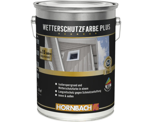 Eine Dose Hornbach Wetterschutzfarbe Plus für Innen und Außen mit 15 Jahren Langzeitschutz und integrierter Isoliergrundierung.