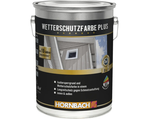 Farbeimer mit Wetterschutzfarbe Plus für den Außenbereich und Innenbereich mit Isoliergrundierung für Holzfassaden und Bauteile.