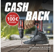 Werbebanner fuer eine Einhell Akku Bohrschrauber Cashback Aktion bei Hornbach mit bis zu 100 Euro Ersparnis im Aktionszeitraum bis 31. Oktober 2026.