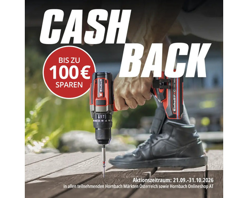Werbebanner fuer eine Einhell Akku Bohrschrauber Cashback Aktion bei Hornbach mit bis zu 100 Euro Ersparnis im Aktionszeitraum bis 31. Oktober 2026.