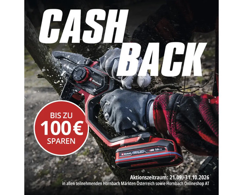 Einhell Akku Kettensäge bei der Arbeit mit Cashback Aktion bis zu 100 Euro sparen bei Hornbach Österreich