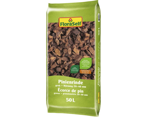 Sack mit 50 Liter grober Pinienrinde mit einer Körnung von 20 bis 40 Millimetern für die Gartenabdeckung von FloraSelf.