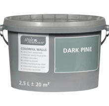 Ein Eimer StyleColor Wandfarbe in der Nuance Dark Pine mit 2,5 Liter Inhalt für etwa 20 Quadratmeter Fläche.