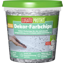 Eimer mit Lugato Protekt Dekor-Farbchips zur dekorativen Gestaltung von Bodenbeschichtungen auf Balkonen und Terrassen.