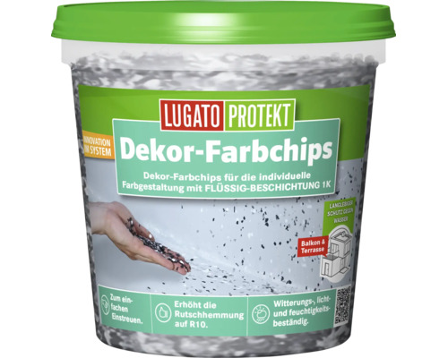 Eimer mit Lugato Protekt Dekor-Farbchips zur dekorativen Gestaltung von Bodenbeschichtungen auf Balkonen und Terrassen.