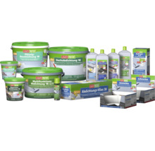 Lugato Protekt Sortiment zur Bauwerksabdichtung bestehend aus Flüssigbeschichtungen, Abdichtungsvliesen, Grundierungen und Zubehör für den Bau.