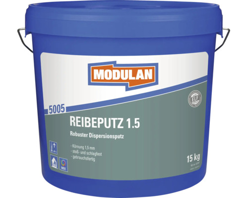 Modulan Reibeputz 1.5 in einem 15 Kilogramm Eimer, robuster und gebrauchsfertiger Dispersionsputz mit 1,5 Millimeter Körnung.