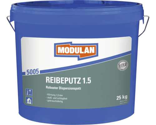 Modulan Reibeputz 1.5, robuster Dispersionsputz mit 1,5 Millimeter Körnung im 25 Kilogramm Eimer für den Innenbereich.